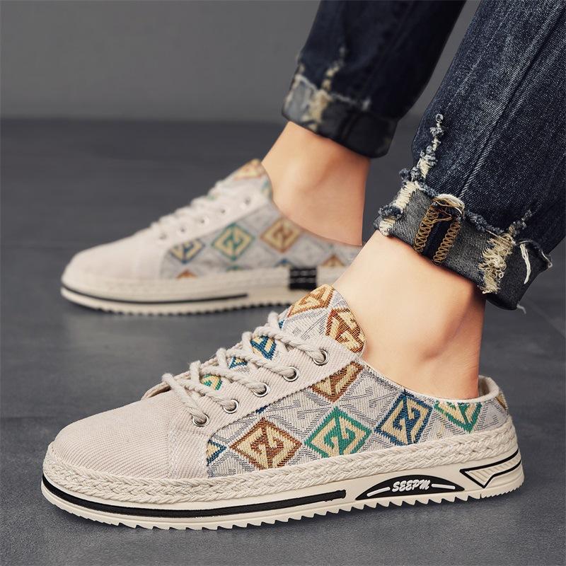 Summer new men's daily leisure half-drag bag head men's shoes fashionable one-pedal cloth retro breathable board shoes