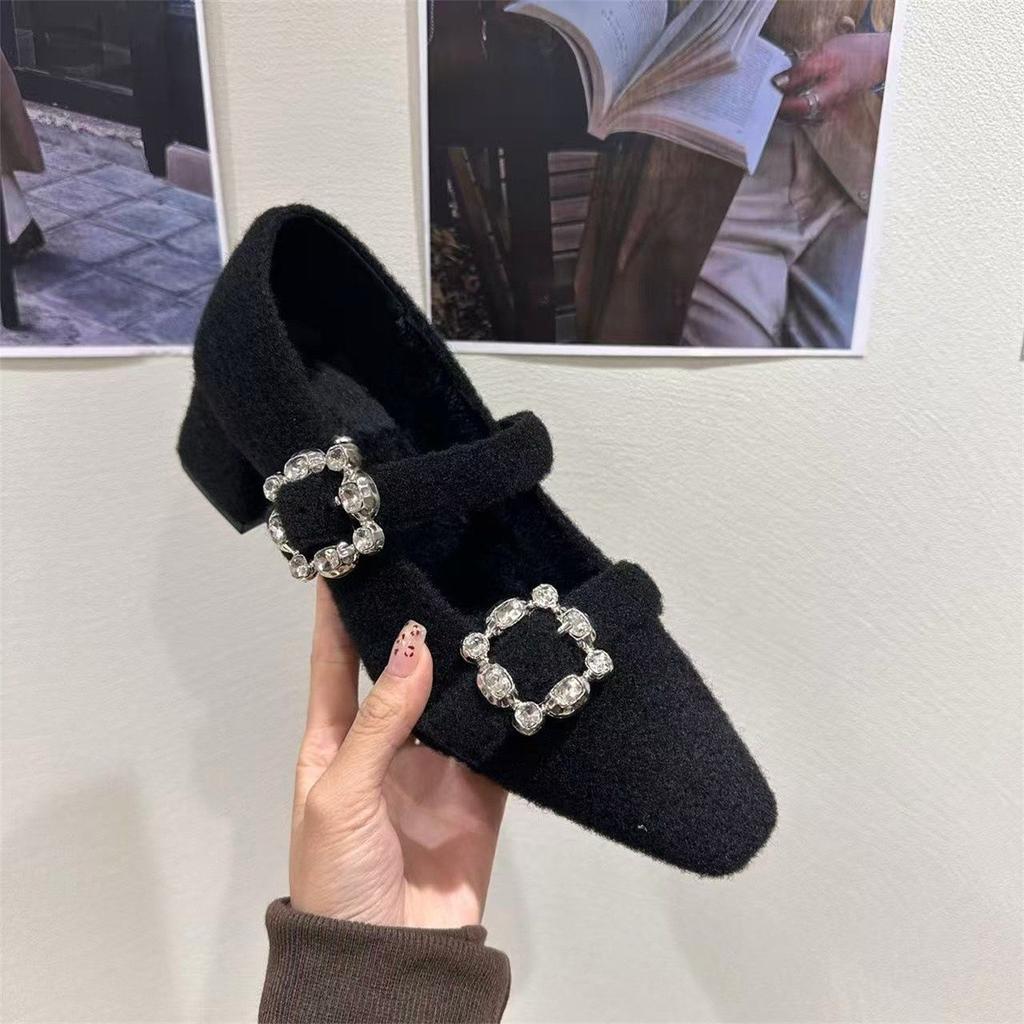 Innere Höherlegung Vierkantkopf Strass Einzelne Schuhe Herbst und Winter 2025 Plüsch Grau Flauschige Schuhe Mary Jane Abendschuhe