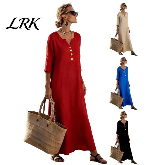 Comfortable Summer Dress Loose Maxi for Women, 3/4 Sleeve Button Up Everyday Wear V Neck Casual Long Dress, Flowy Beach Sundress Fit