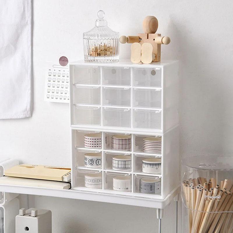 Stolní úložný box na mini zásuvky, stohovatelný úložný box s devíti čtvercovými přihrádkami, úložný box na sponky do vlasů/samolepky/šperky