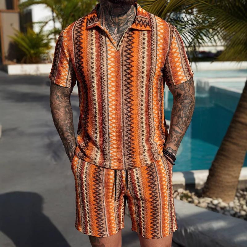 

Mens Geometric Print Polo Shirt and Shorts 2 Piece Set S оранжевый