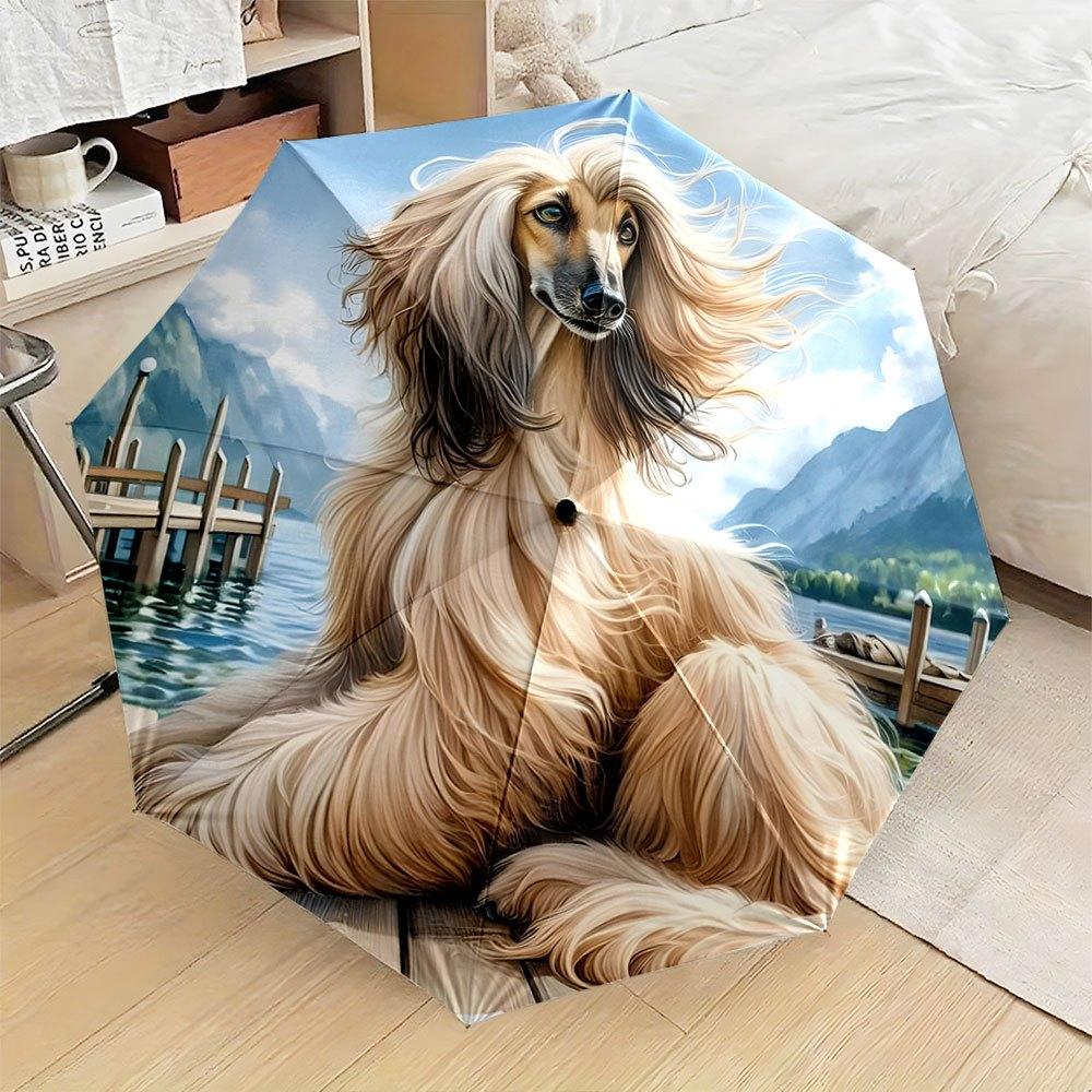 Automatic Folding Umbrella An Afghan Hound with flowing fur by a lakeside. Portable collapsible design, casual outdoor accesso