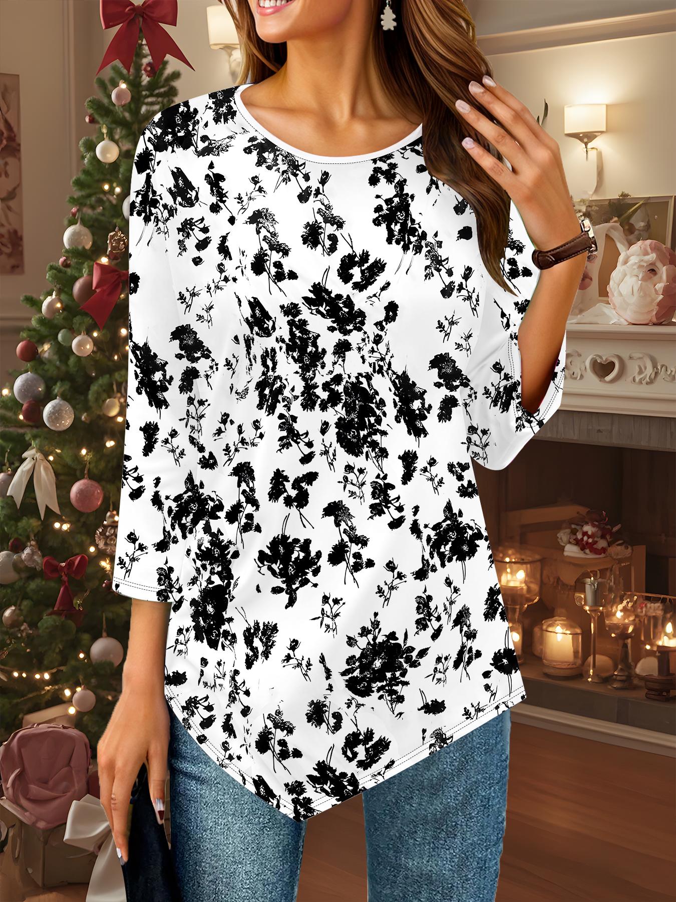 

Женская свободная футболка с круглым вырезом и рукавом три четверти, 3D цветочный узор 8XL чёрный