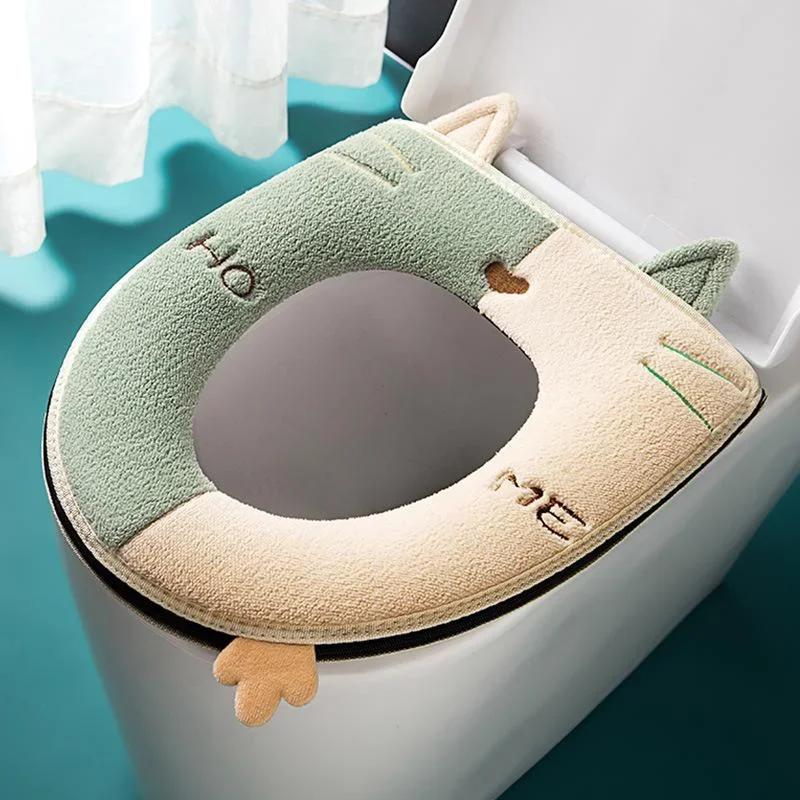 Toilet Seat Cover Universal Closestool Mat with Handle Double Color Cute Cat-shape Pad Toilet Seat Cover Bathroom Accessories