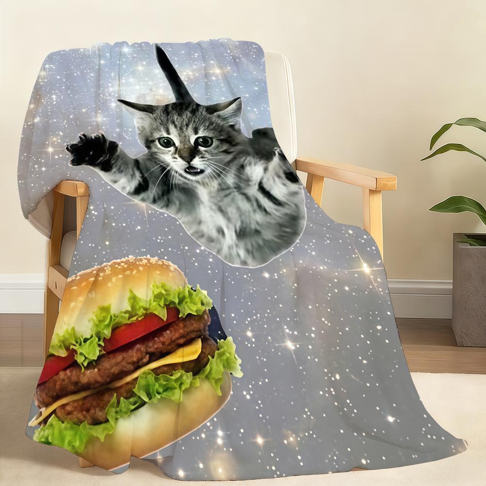 Space cat eating hamburger Blanket Soft Throw Blanket for Home Bedroom Bed Sofa Picnic Travel Office Rest Cover Blanket Gift
