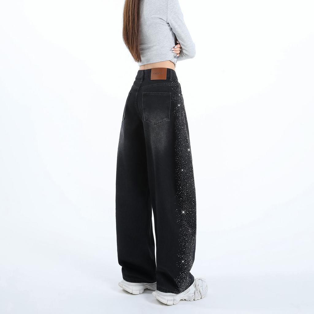 Spring Summer Full Star Rhinestone High Waist Relaxed Saber Cut Slim Straight Floor Sweeping Denim Pants For Ladies Casual Oversize Denim Trousers
