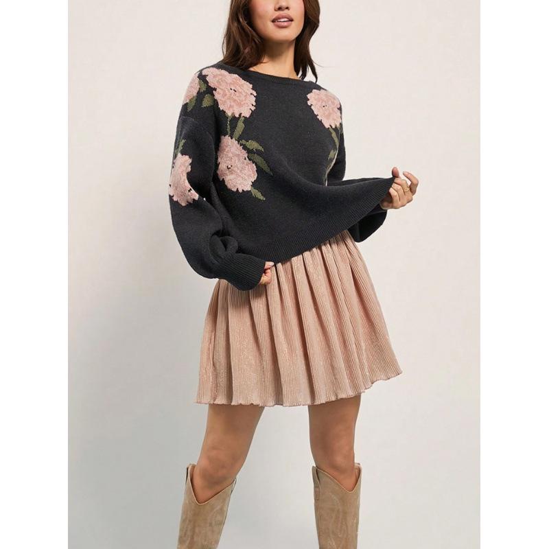 Suéter de punto jacquard floral casual de manga larga para mujer 2025 Europeo
