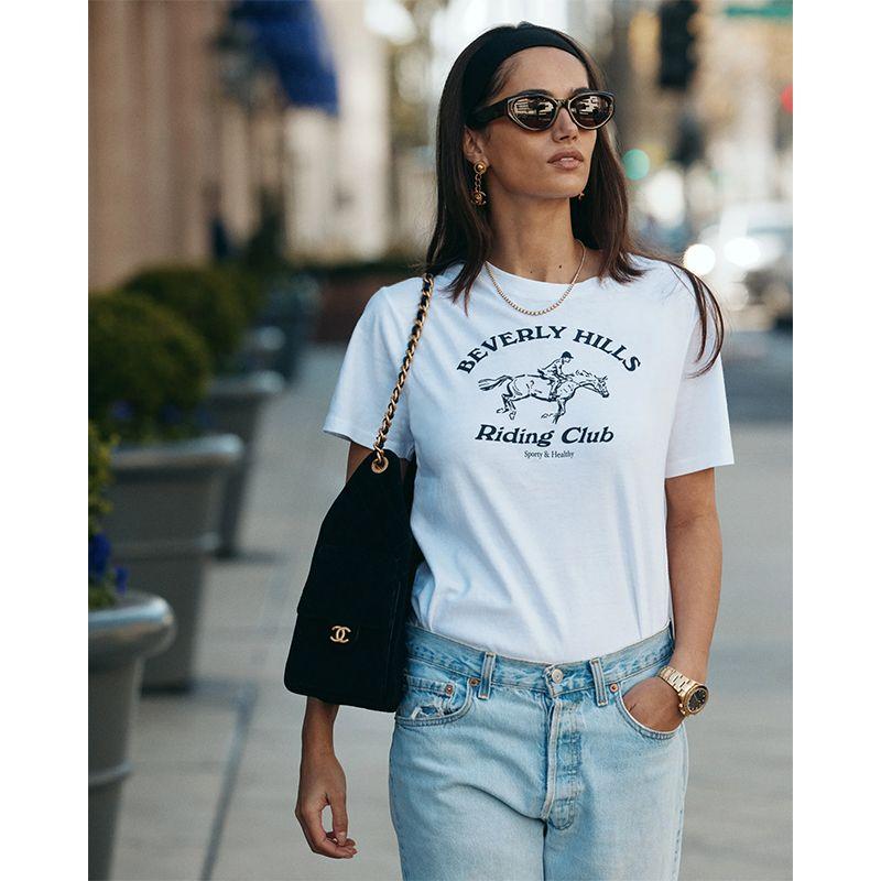 Beverly Hills American vintage Sports Style Equestrian Club Letter Print Cotton Short sleeve T-shirt Women
