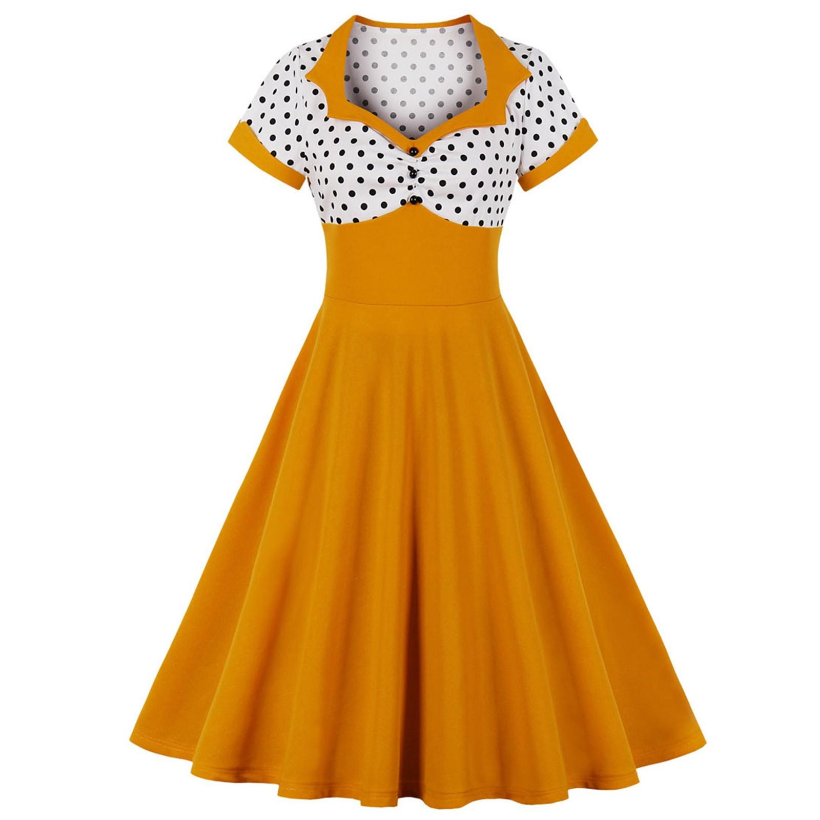 

Женское винтажное платье в горошек с лацканами, короткими рукавами и поясом S жёлтый