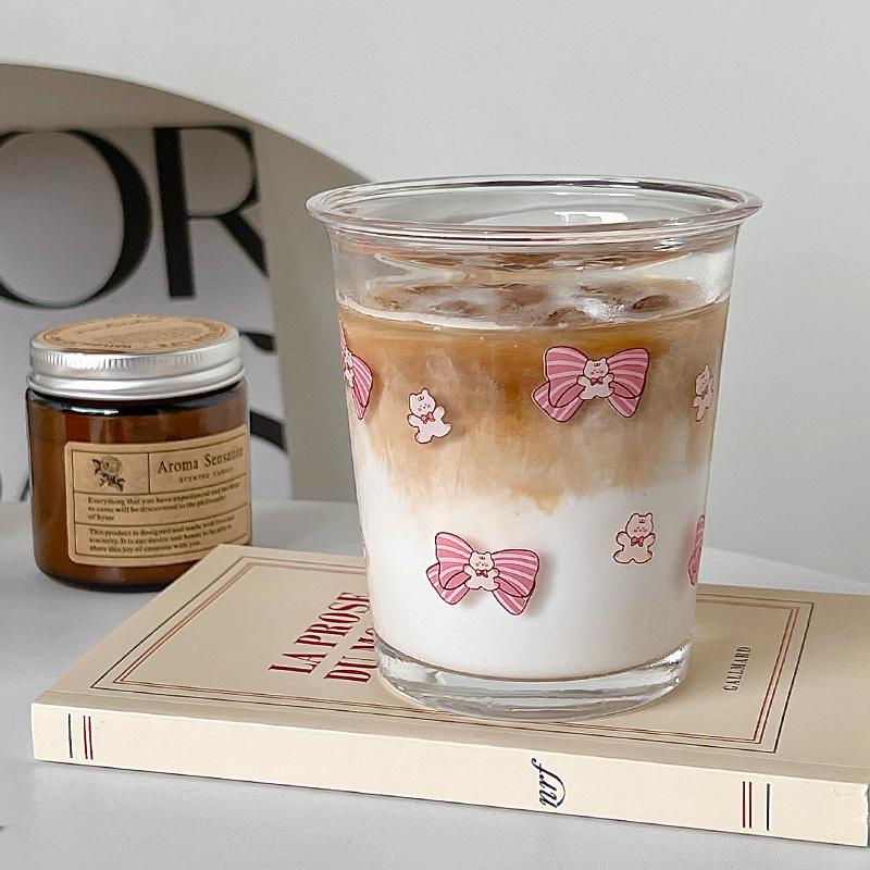 Bow Glass Cute Water Cup Cartoon Bow Glass Cup Striped Cute Doodle Coffee Mug Household Fruit Tea Lemonade Girls Gift