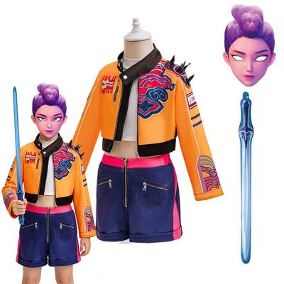 Roupa Cosplay Rumi Huntrix para Crianças Conjunto de Jaqueta de Manga Longa Top e Shorts para Meninas Fantasia para Show de Palco Anime Festa de Halloween Carnaval Pode Adicionar Máscara Balão Espada