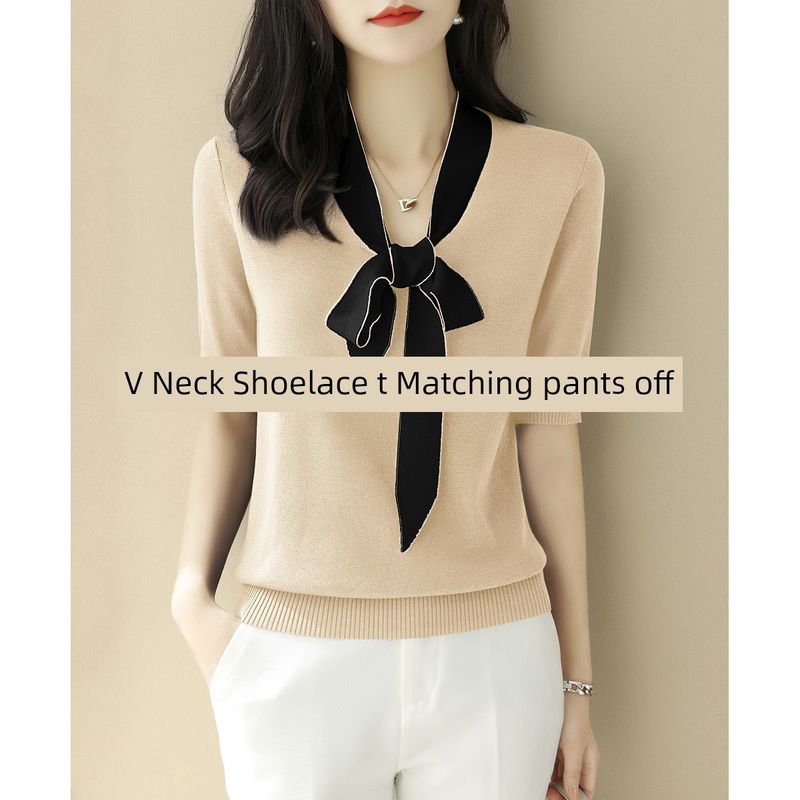 

Свитер с V-образным вырезом и рукавом средней длины Весна и Осень Свободный Тонкий Банты Apricot color XL