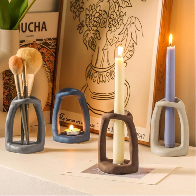 Nordic Home Desktop Storage Decorations Ceramic Creative Pen Holder Candlestick Makeup Pen Storage Shelf Multi Functional