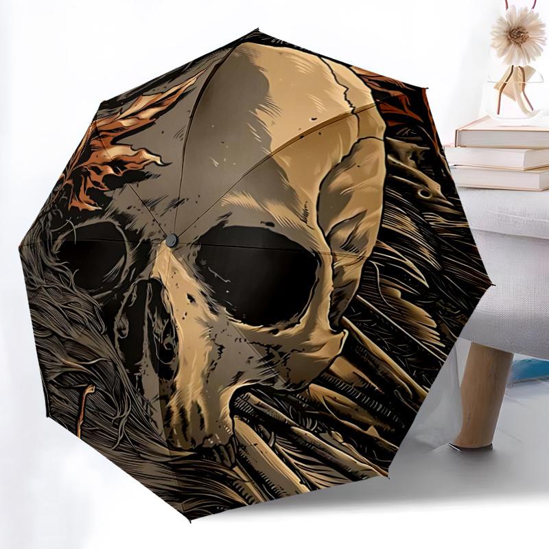 1pc Skull Leaves Fashionable Automatic Opening/Closing Folding Umbrella with 8 Bones, Windproof Portable, Daily Use82