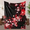 1pc Cherry Blossom Floral Print Flannel Blanket - Soft High-Definition Digital Print, Black with Red & White Flowers, All-Season