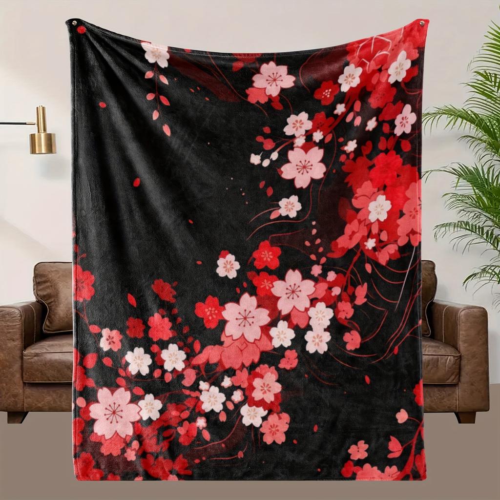 1pc Cherry Blossom Floral Print Flannel Blanket - Soft High-Definition Digital Print, Black with Red & White Flowers, All-Season