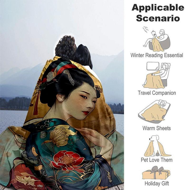 1pc Japanese Geisha Design Throw Blanket Home Decorative Sofa Cover, Gift for All Occasions, Soft Flannel Blankets for Bedroom .W093