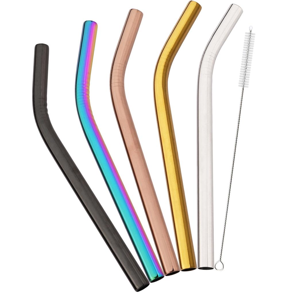 5pcs Colofrul Wide 12mm Stainless Steel Bent Straw Set Fruit Juice Milkshake Cocktail Bubble Tea Drinking Straw Bar Accessories