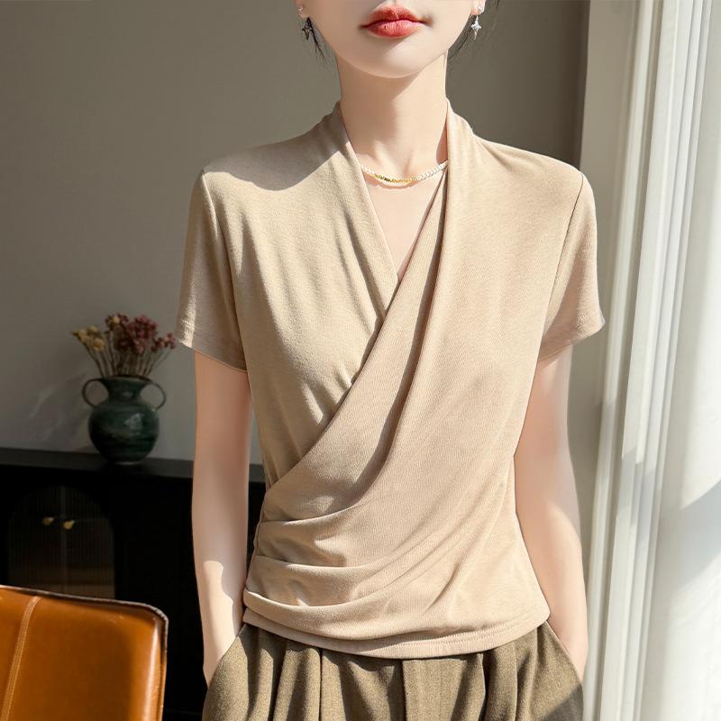 Summer New Slim-fit and Flattering Versatile Base Layer Top with Crossed V-neck and Pleated Front Shoulder Short-sleeved T-shirt for Women