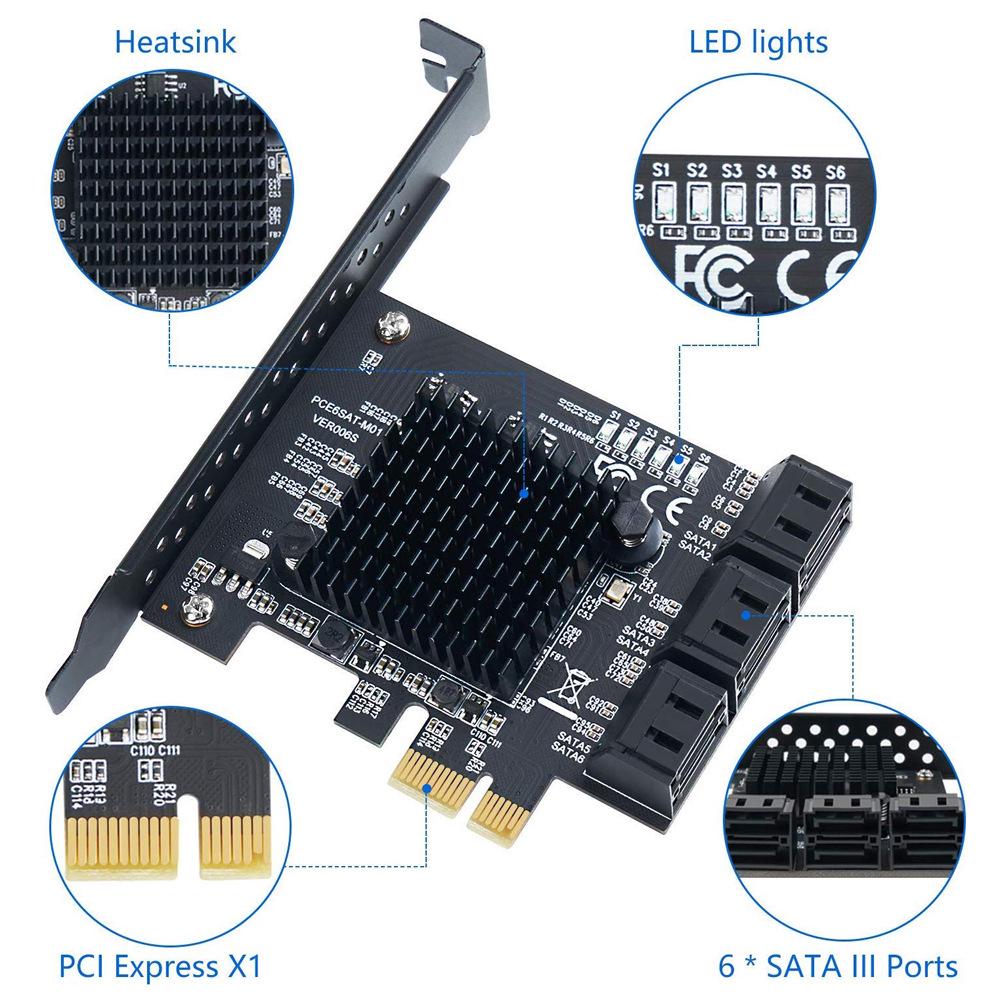 PCI-E to SATA 3.0 Expansion Card 4-Port/6-Port 6Gbps Adapter for IPFS and Chia with 88SE9215 Chip.