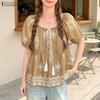 Women Casual Round Neck Loose Short Sleeve Summer Print Blouse