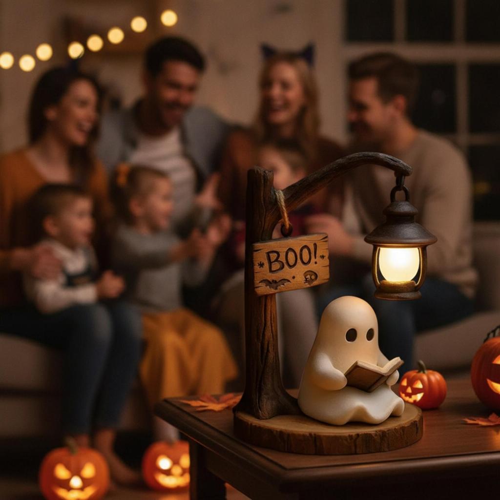 Specter Figurine with Lantern Whimsical Night Light SpookyCute Halloween for Book Lovers,