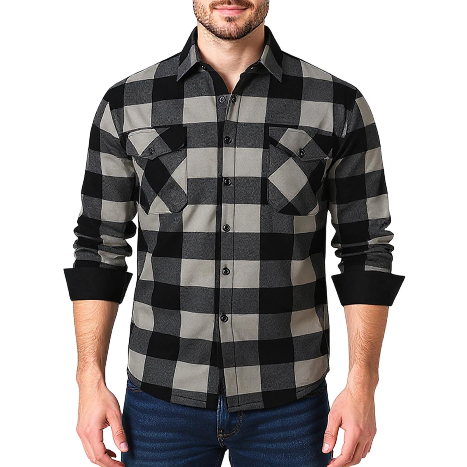 

Мужская фланелевая куртка на пуговицах | Клетчатая, на флисовой подкладке, нагрудные карманы, теплая, повседневная и стильная | Для ежедневной носки, работы и выходных S