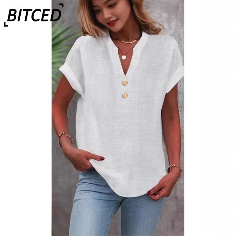BITCED Women's Fashion Casual Solid Color Print Short Sleeve V-Neck Blouses & Shirts