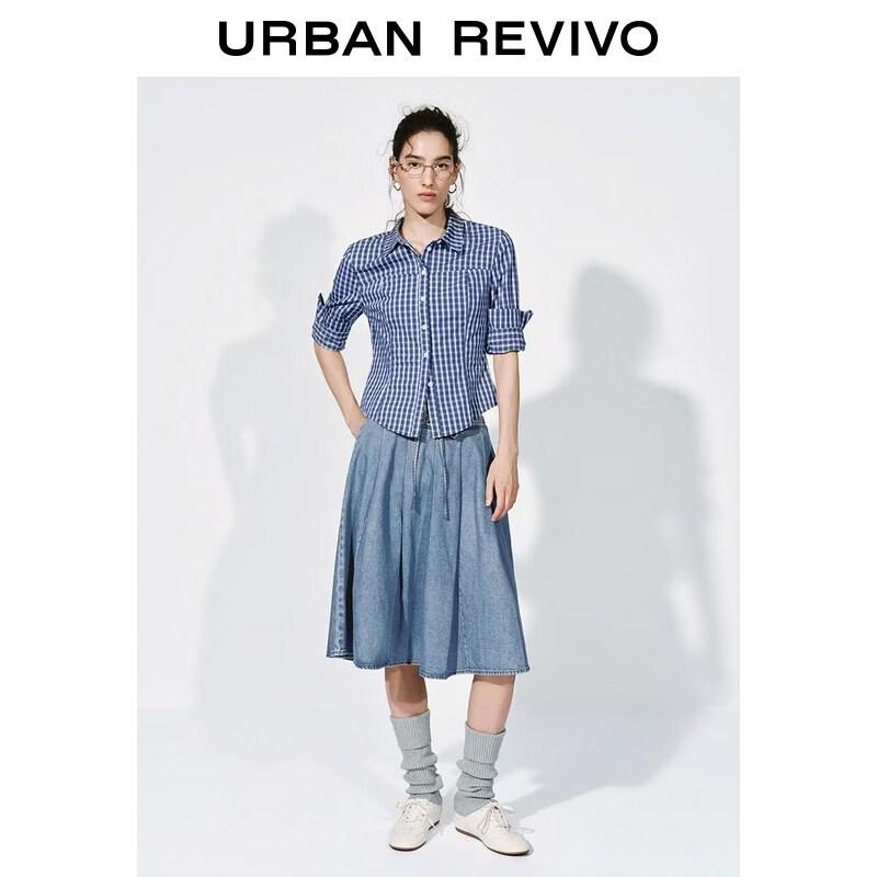 UR2026 Women s Casual Patchwork Plaid Denim Skirt L