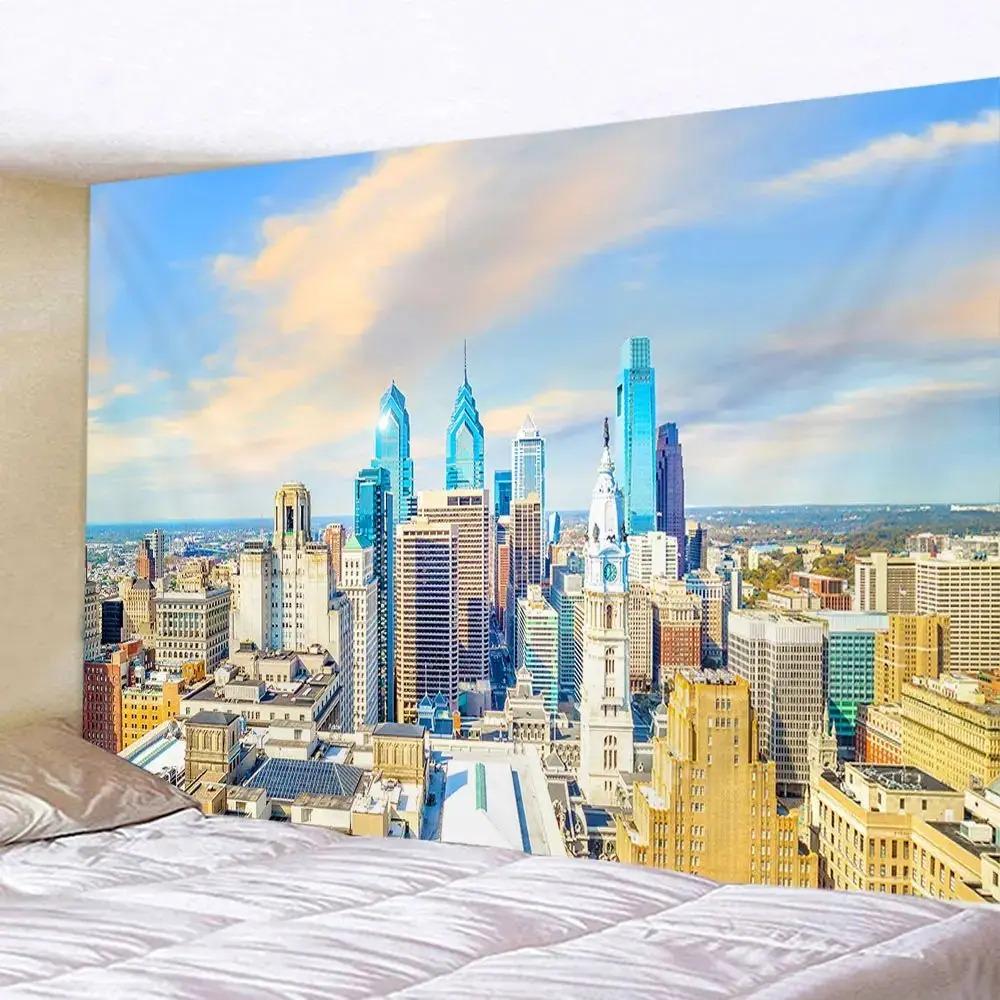 New York City Skyline Tapestry Bohemian Night Scene Wall Art for Living Room Bedroom Decor Hippie Style Urban Landscape Hanging