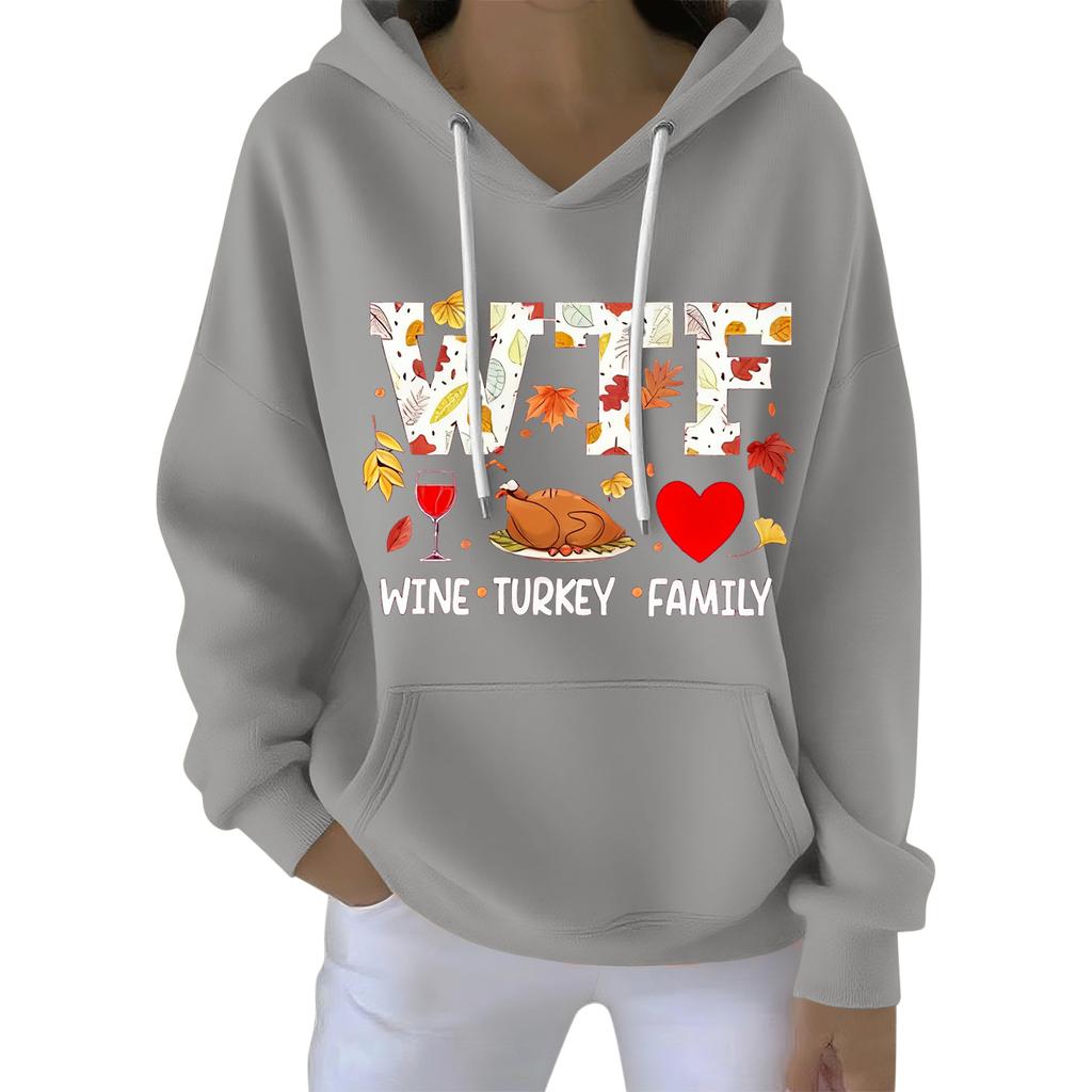 Women's Loose Comfort Drawstring V-Neck Long Sleeve Thanksgiving Print Hoodie