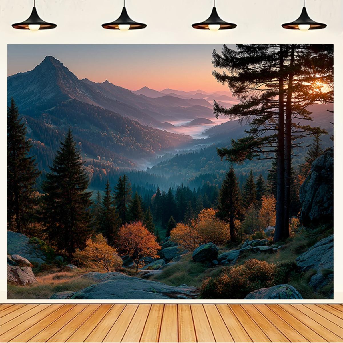 

1pc Extra Large Mountain Sunset Tapestry Oversized European lpslike Landscape Wall Hanging with Green Mountains Pine Trees 74x94cm(29x37in)