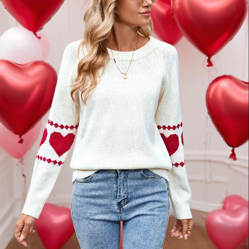 Europe, America, autumn and winter new sweater women's clothing long-sleeved love jacquard crew neck pullover top
