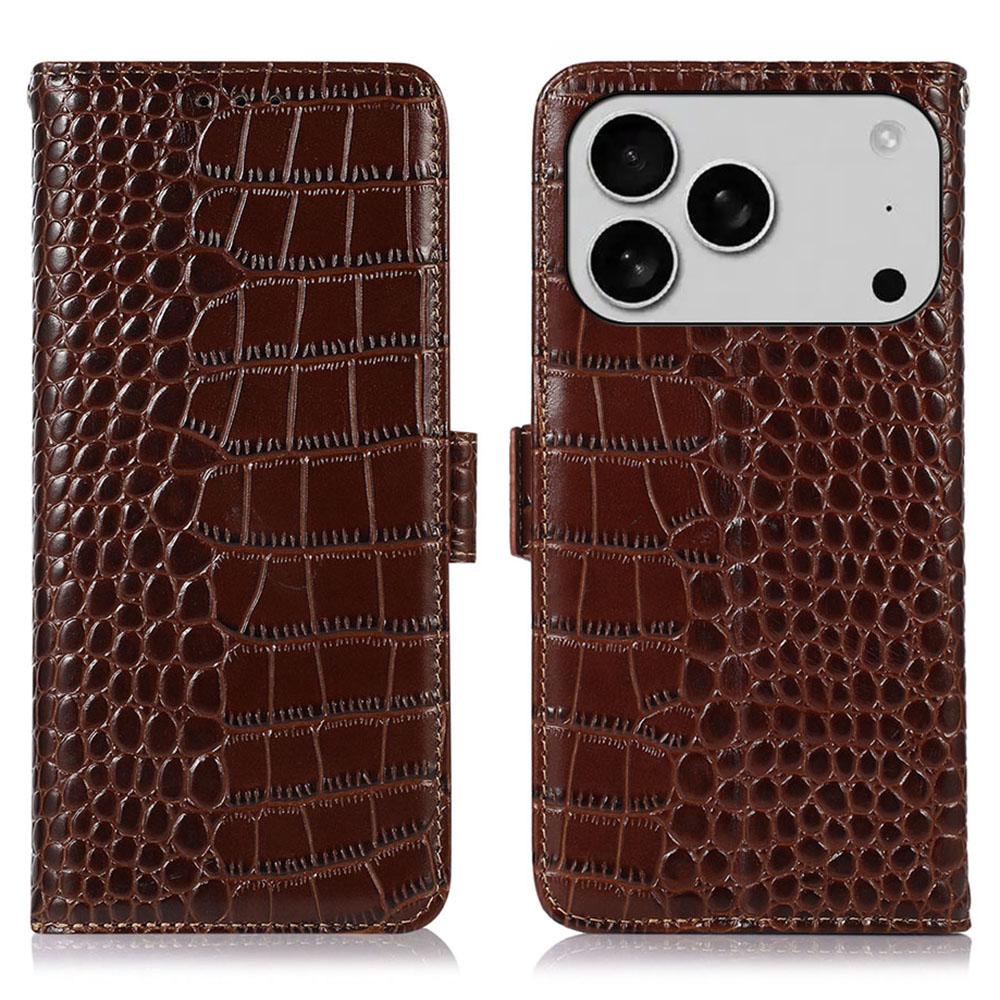 

For iPhone 17 Pro Max Case Crocodile Texture Genuine Cow Leather Phone Wallet Cover Brown