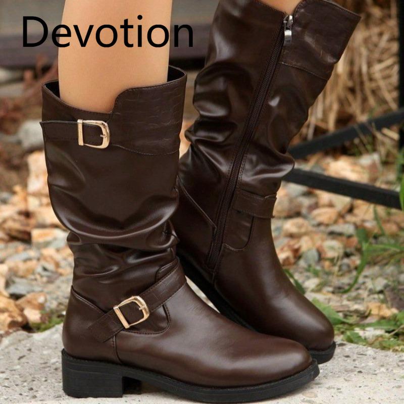 Retro Shoes, Women's Pleated Boots, Round Toe, Thick Heel, Belt Buckle, Mid-leg Pants, Tube Boots Devotion