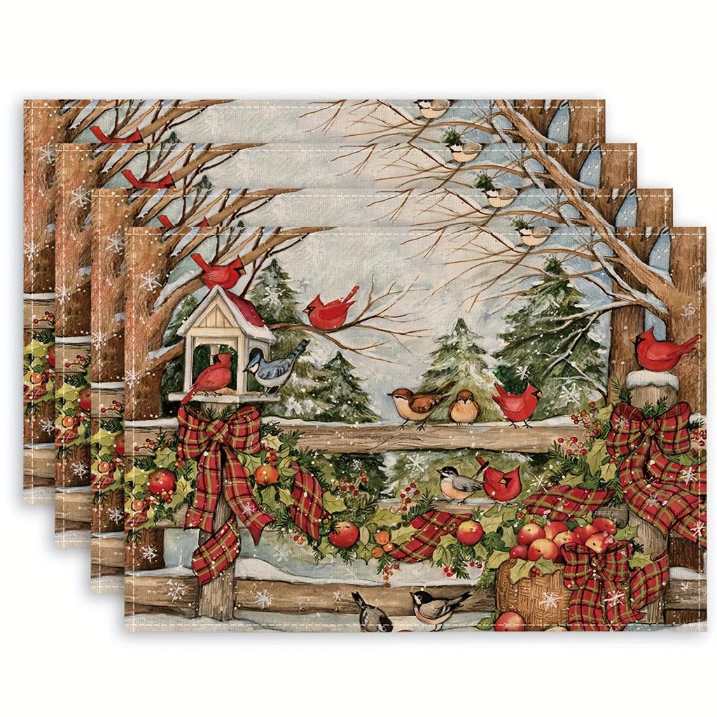 4pcs Festive Red Cardinal Bird Trees Print Woven Linen Rectangle Placemats Durable Hand Washable Heat Resistant