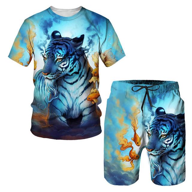 Tricou/costumul cu imprimeu 3D The Tiger, cu mâneci scurte, cu gâtul O, pantaloni de plajă pentru bărbați, set de 2 bucăți, îmbrăcăminte sport pentru cuplu, pantaloni scurți de înot
