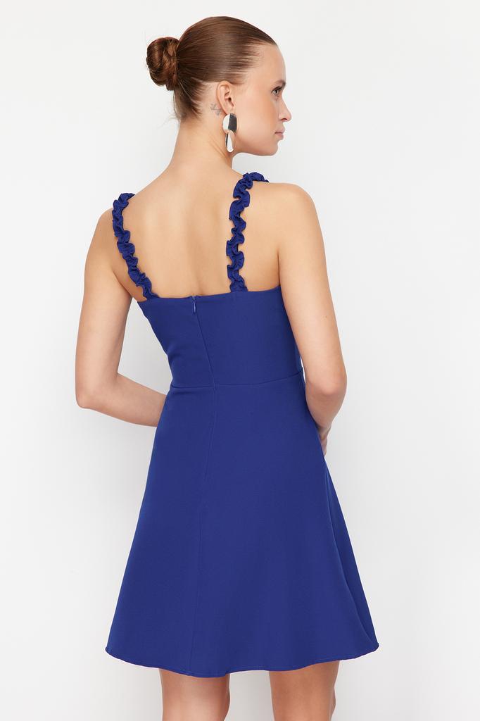 Women's Dress New Season Fashion Indigo A-Line Square Collar Strap Detailed Mini Woven Dress