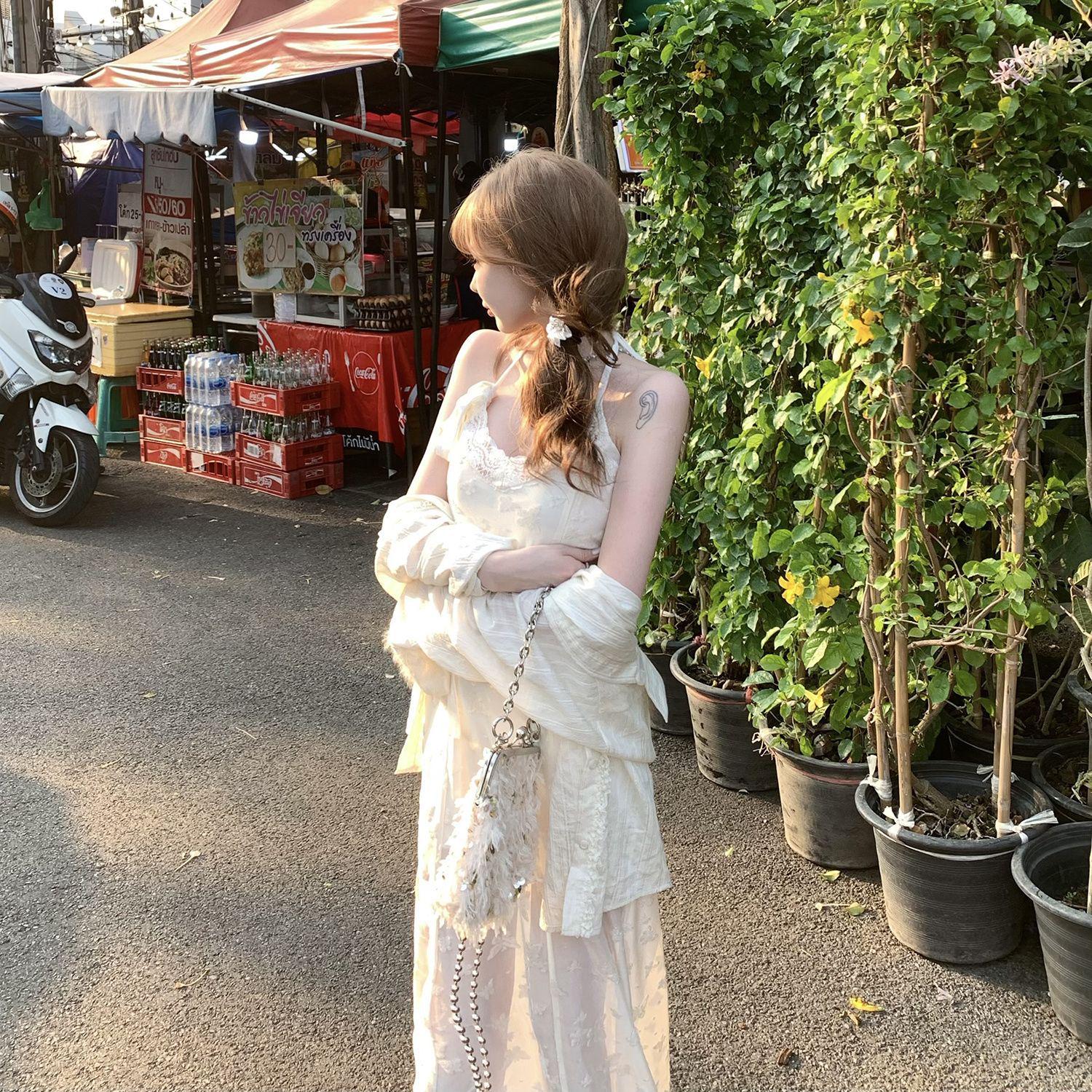 Летнее французское элегантное кружевное платье-комбинация - Стройная длинная сказочная юбка L (105-120 jin)