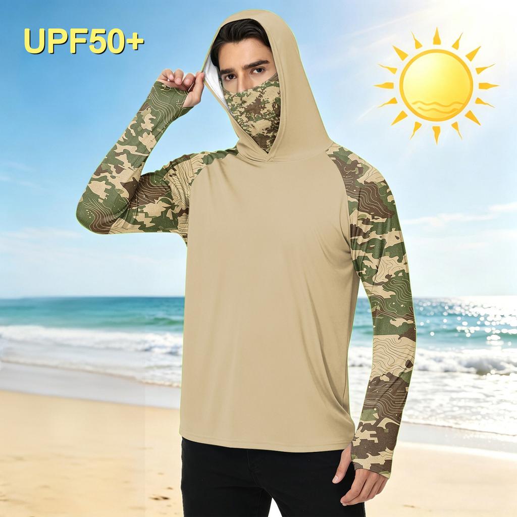 Men's Casual Outdoor Camouflage Print Hooded Long Sleeve Sun Protection Shirt Lightweight Quick Dry Breathable Fabric