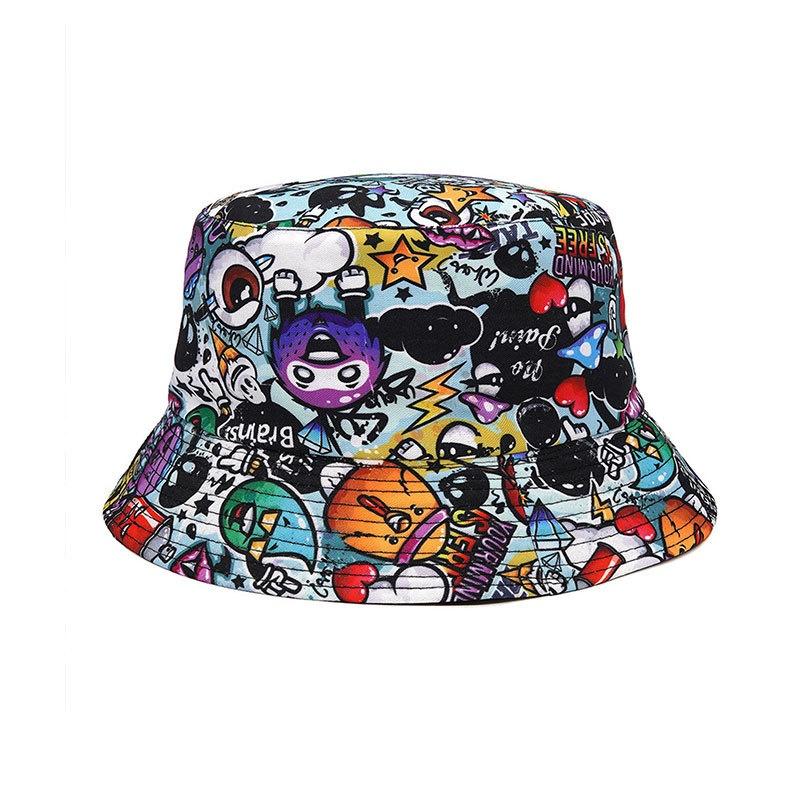 Double Sided Outdoor Sun Hat Hip-Hop Cap Fishing Fisherman Graffiti Hat Men Women Animal Letter Print Panama Bucket Hats