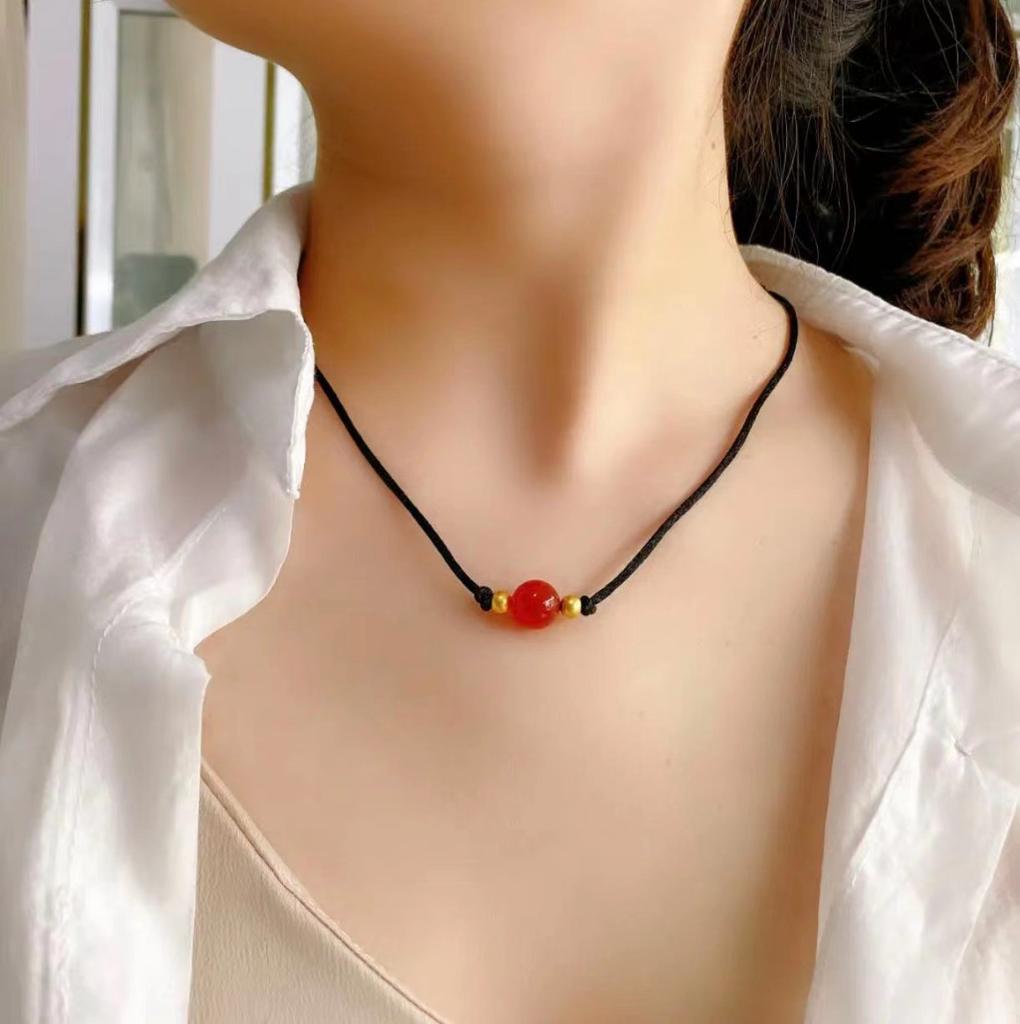 Human Acacia Bean Red Agate Necklace Bracelet Male And Female Couples Round Bead Clavicle Handmade Woven Rope