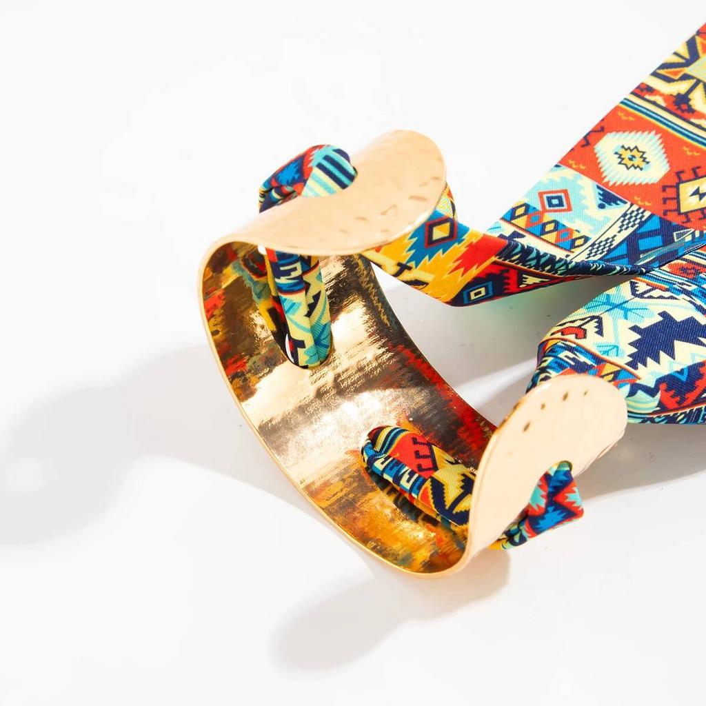 SHIXIN Bohemian Colorful Ethnic Style Wristband Metal Bracelet Vintage Pleated Scarf Wrapped Open Bangles Jewelry for Women New