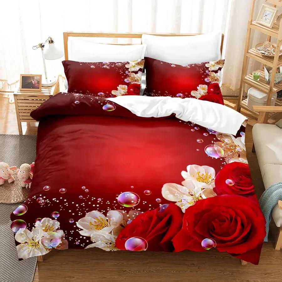 Comforter Red Roses Queen Size King Full 3D Bedding Sets Flower Quilt Linens Single Double Bed