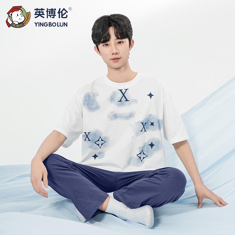 Yingbolun New Youth Men's Pajamas Summer Thin Edition Men's Big Kids Short Sleeved Pants Boys' Set