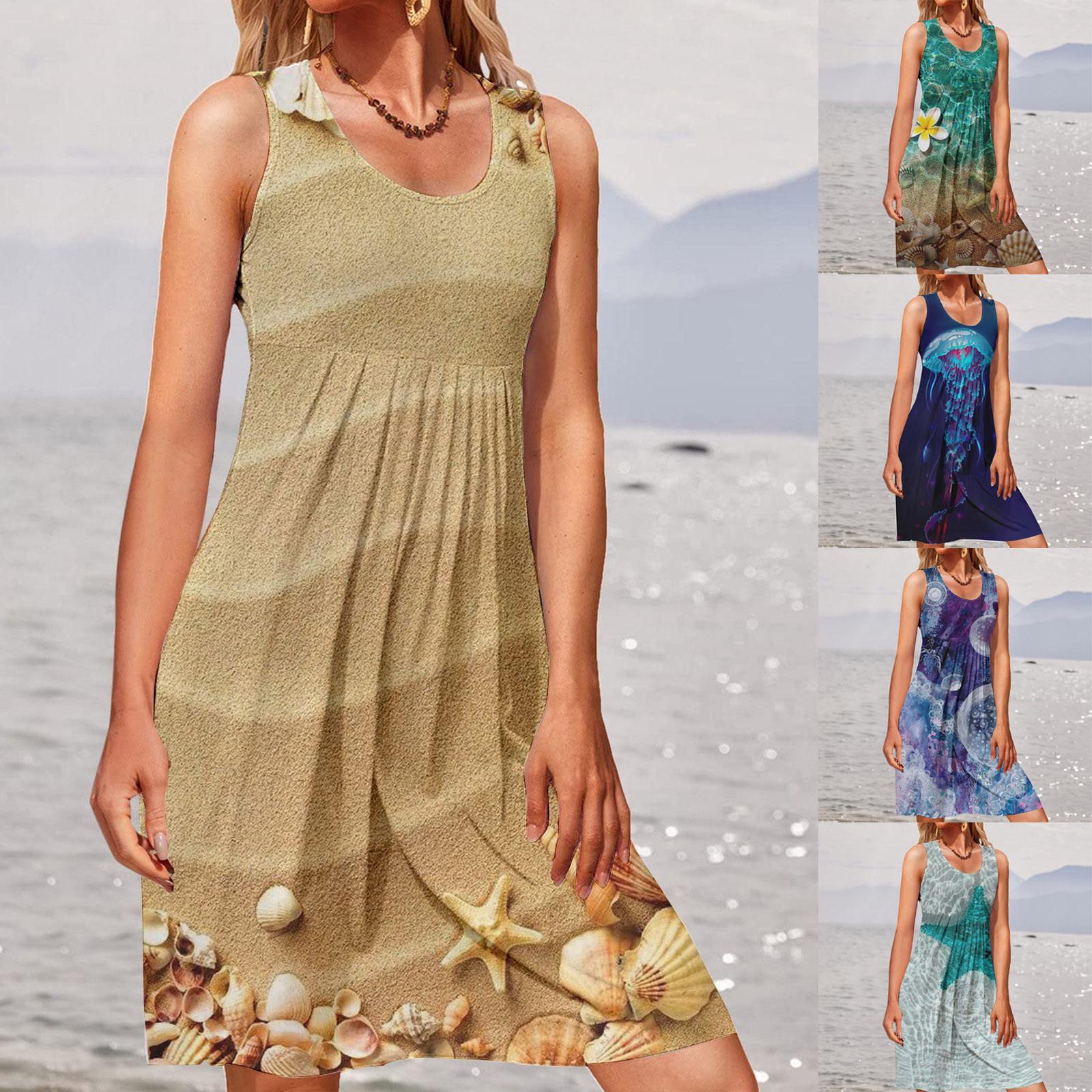 

Женские летние платья Платье без рукавов с принтом и круглым вырезом Платья с карманом