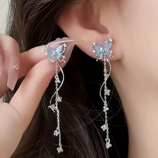 

1 Pair of Exquisite Sparkling Zircon Butterfly Tassel Earrings, Sweet and Romantic Holiday Accessory Gift for Women