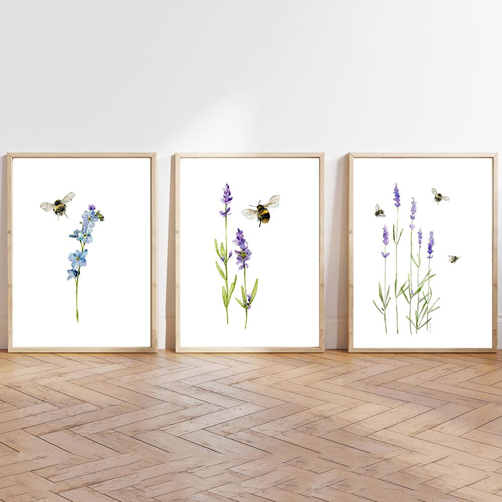 

Lavender and Bumblebee Watercolor Art Print Purple Flower Plant Canvas Poster