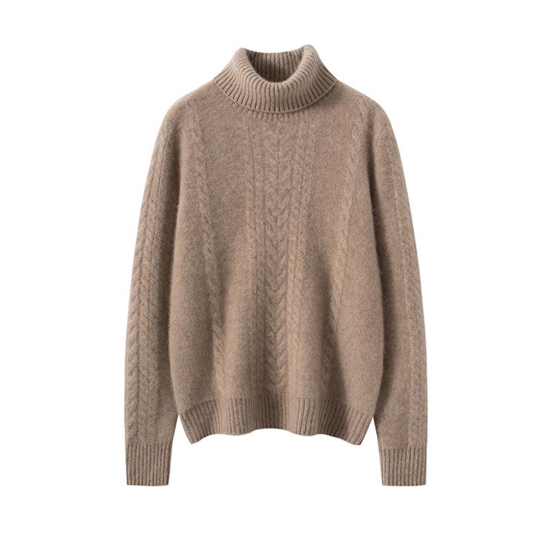 Women's High Neck Cashmere Jacquard Sweater - Autumn/Winter, Seven Gauge, Thick, Loose-Fit Knit, Versatile Base Layer.