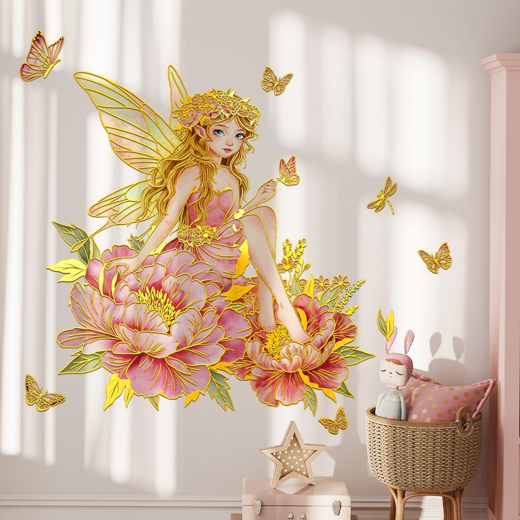 Tj13578 Hand-Painted Flower Fairy Bronzing On Flowers Wall Sticker Decoration Children'S Room Bedroom Background Self-Adhesive